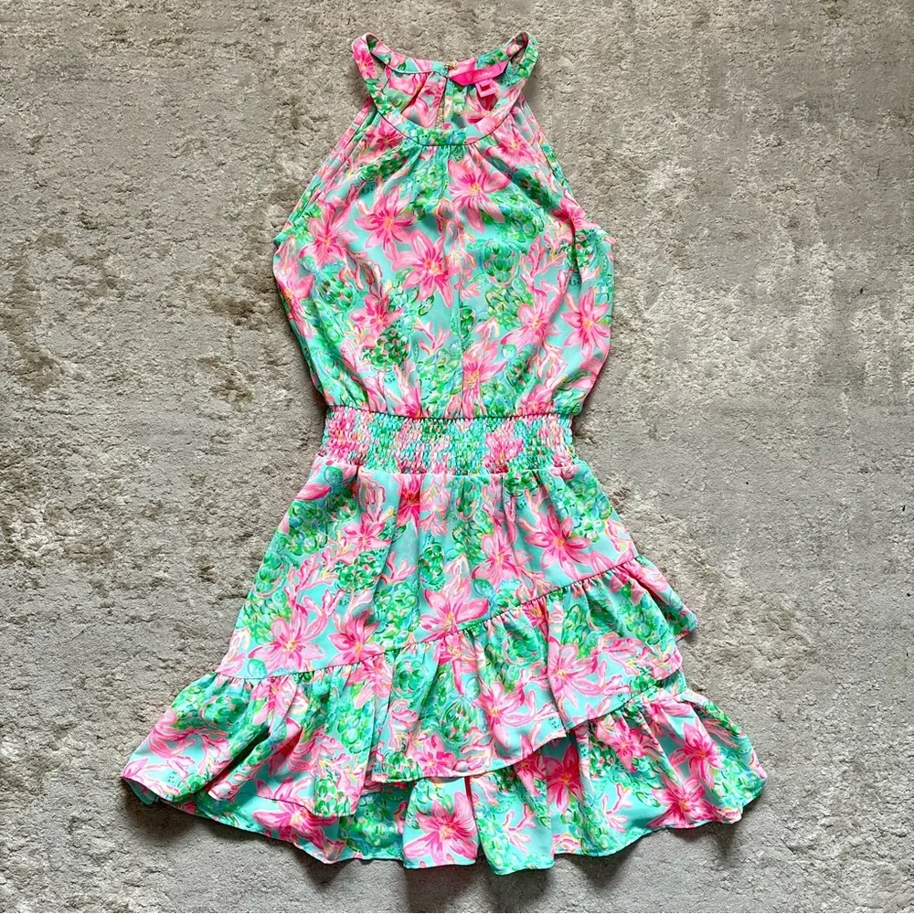 Lilly Pulitzer Pamelyn Flutter Halter Vibrant Colorful Floral Mini Dress Size 00 - Picture 8 of 15